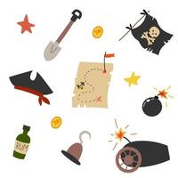 Image of pirate paraphernalia saber and hook, gold coins,pirates hat, map, bomb, bottle of rum. Vector illustration