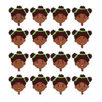 Cartoon illustration of african-american girl. Set of black kids emotions. Facial expression. Cartoon girl avatar. Vector illustration of cartoon child character