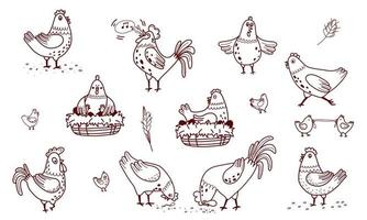 garabato dibujado a mano pájaros domésticos ser. conjunto de gallina, gallo y pollos. vector