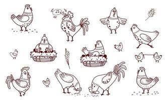 Hand drawn doodle domestic birds ser. Hen, Rooster and chickens set. vector