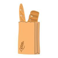 bolsa de papel dibujada a mano con baguette y pan. ilustración plana del concepto de panadería. vector