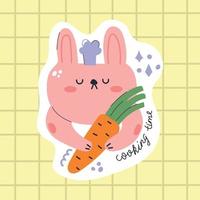 Cute bunny or rabbit chef sticker with carrot and text cooking time. Modern design for print, sticker for use in packaging. vector