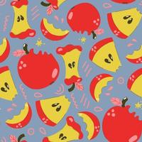 Modern and bright seamless pattern of apples, apple core and slice. Fruit background. vector