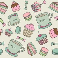 vector hand drawn cakes, sweets, macaroons, tea cup seamless background