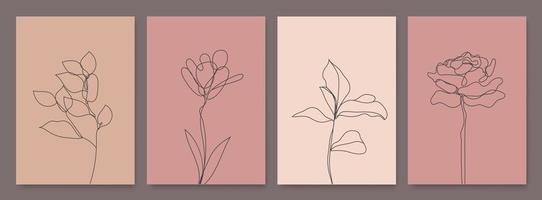 Vector set of monoline drawing flowers, leaves print set, nature one line botanical posters. Art, aesthetic contour. Use for Home Decor, t-shirt Print, Mobile Case