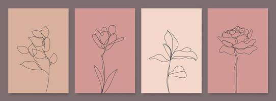 conjunto vectorial de flores de dibujo monoline, conjunto de impresión de hojas, carteles botánicos de una línea de la naturaleza. arte, contorno estético. uso para la decoración del hogar, estampado de camisetas, estuche móvil vector