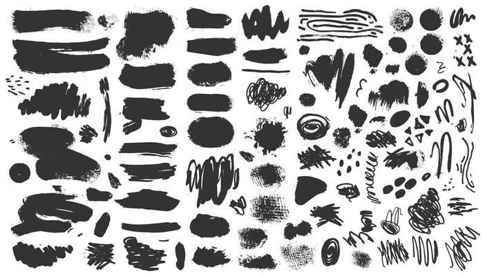 Vector hand drawn ink design elements. Sponge stamps, dry brush marks, splatter sprinkles, pastel pencil textures. Set of grunge black artistic brushstroke design elements isolated