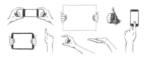 Vector set of hand drawn hands, holding phone, tablet pc, poster, palm sketch collection. Use for advertising, presentation