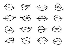 conjunto vectorial de ilustración de labios. boceto lineal de labios de mujer