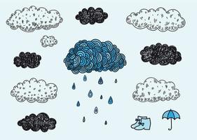 Vector set of hand drawn doodle clouds. Rainy day, weather