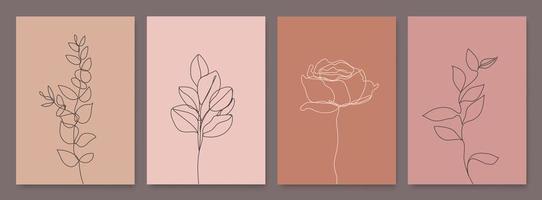 conjunto vectorial de flores de dibujo monoline, conjunto de impresión de hojas, carteles botánicos de una línea de la naturaleza. arte, contorno estético. uso para la decoración del hogar, estampado de camisetas, estuche móvil vector