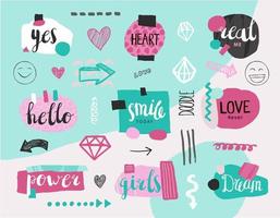 Vector set of collage girlish banners, tags. Hand drawn design elements, doodle art with textures, modern trendy labels