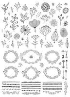 Vector set of hand drawn doodle flowers, florals, leaves. Line drawing. Graphic collection with fantasy field herbs. Botanical elements for design. Wreaths, laurels, dividers