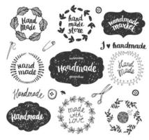 Vector set of hand drawn doodle frames, badges. Handmade, workshop, hand made shop graphic design set. Arts and crafts, sewing elements, icons, logos