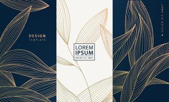 Set of vector collection design elements labels, frames, wedding invitations, social net stories, packaging, luxury products, perfume, soap, wine, lotion. Golden leaves, art deco.