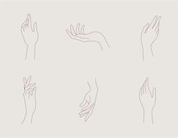 Vector set of abstract hand logo, design template in linear style, holding hands, tattoo and sticker design elements