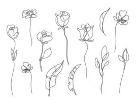 Vector set of hand drawn, single continuous line flowers, leaves. Art floral elements. Use for t-shirt prints, logos, cosmetics and beauty design