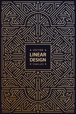 Vector monogram design in trendy vintage and mono line style with space for text - abstract golden geometric frame, luxury packaging template. Use for ad, poster, card, cover.