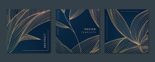 Vector set of abstract luxury golden square cards, post templates for social net, leaves botanical modern, art deco wallpaper background. Pattern, texture for print, fabric, packaging design