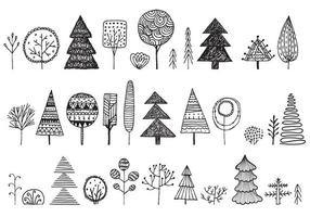 conjunto vectorial de árboles de garabatos dibujados a mano. elementos de concepto de bosque de iconos de planta de ilustración. colección de símbolos de naturaleza silueta aislada vector