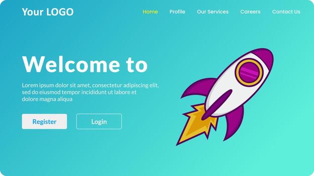 interfaz de usuario del sitio web de la página de inicio con temas tecnológicos con icono de vector de cohete