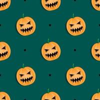 diseño de vector de calabaza naranja de patrones sin fisuras carácter de cara de fantasma. fondo verde diseño de papel tapiz para celebrar el día de halloween.