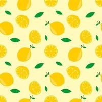 ilustración vectorial de patrones sin fisuras de fruta naranja y diseño de hojas verdes. fondo amarillo diseño para papel tapiz, telón de fondo e impresión en tela. plantillas modernas vector
