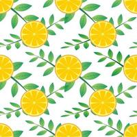 ilustración vectorial de patrones sin fisuras de fruta naranja y diseño de hojas verdes. fondo amarillo diseño para papel tapiz, telón de fondo e impresión en tela. plantillas modernas vector