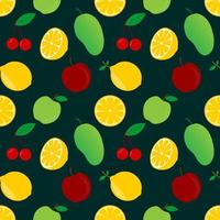 vector design of cherry, strawberry, lemon, orange, mango and apple .dark background. seamless pattern design for wallpaper, backdrop, cover, print design and your design needs.