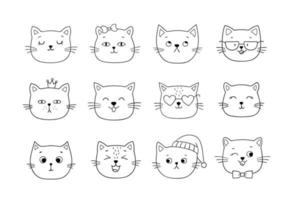 Cute linear cats faces set. Hand-drawn vector line illustration.