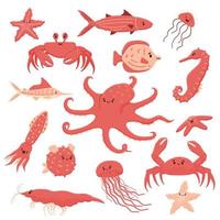 Set of cartoon isolated sea ocean animals. Doodle vector shrimp, sea Horse, jellyfish, fish, stars, crab, octopus in flat style
