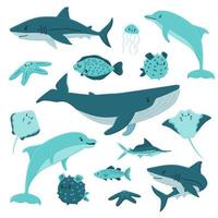 conjunto de animales felices del mar del océano de dibujos animados vectoriales. ballena, delfín, tiburón, raya, medusa, pez, estrellas. animales aislados sobre fondo blanco, estilo plano. se puede utilizar para libros de niños vector