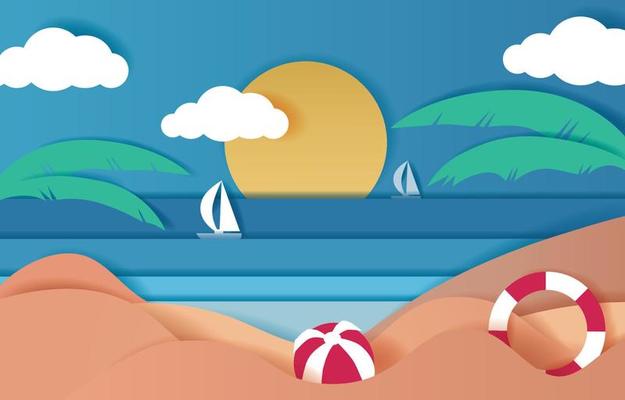 Small summer beach Sunset Paper Art Design