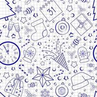 seamless New Year pattern blue doodles on checkered paper like in a notebook vector