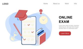 Online exam in mobile smartphone app. Online test, opinion checklist, online education, questionnaire form, survey metaphor, answering internet quiz, homework assignment. Computer test and examination vector