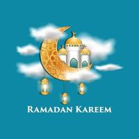 realistic ramadan kareem design with mosque and moon in realistic clouds and hanging candle lanterns vector