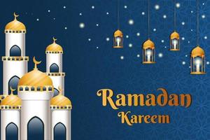 Ramadan Kareem illustration realistic background with mosque and candle lantern vector