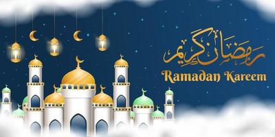 realistic ramadan kareem background illustration with realistic mosque, clouds, candle lantern, and moon vector