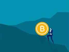 Businessman push bitcoin uphill, Growth, income, savings, investment. Symbol of wealth.Vector illustration in flat style. vector