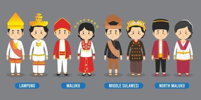 personaje en diferentes trajes tradicionales indonesios. vector