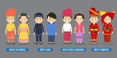 personaje en diferentes trajes tradicionales indonesios. vector