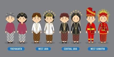 personaje en diferentes trajes tradicionales indonesios. vector