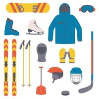 conjunto de equipos de deportes de invierno. colección de deportes de invierno. elementos para esquiar, patinar sobre hielo, snowboard y hockey vector