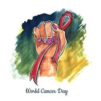 Woman hand with ribbon as symbol of world cancer day background vector