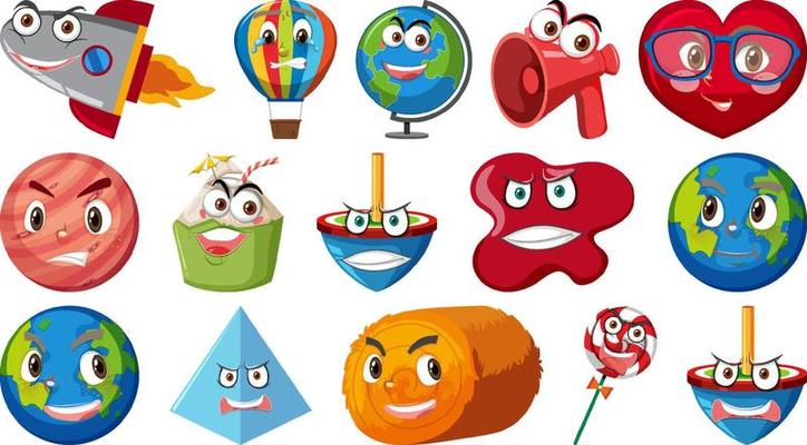 Set of different toy objects with faces