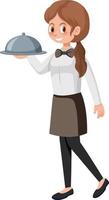 A young waitress serving food white background