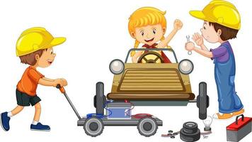 Children repairing a car together vector