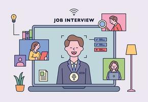 entrevista en línea para nuevos empleados. la cara del solicitante está en la pantalla de la computadora portátil y la pantalla del entrevistador está flotando a su alrededor. vector