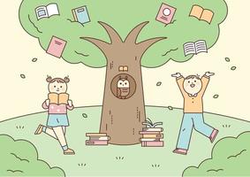 lindos niños están estudiando frente a un gran árbol. un libro está colgado en el árbol. vector