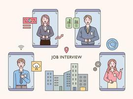 Candidates for a new company are interviewing on mobile. vector